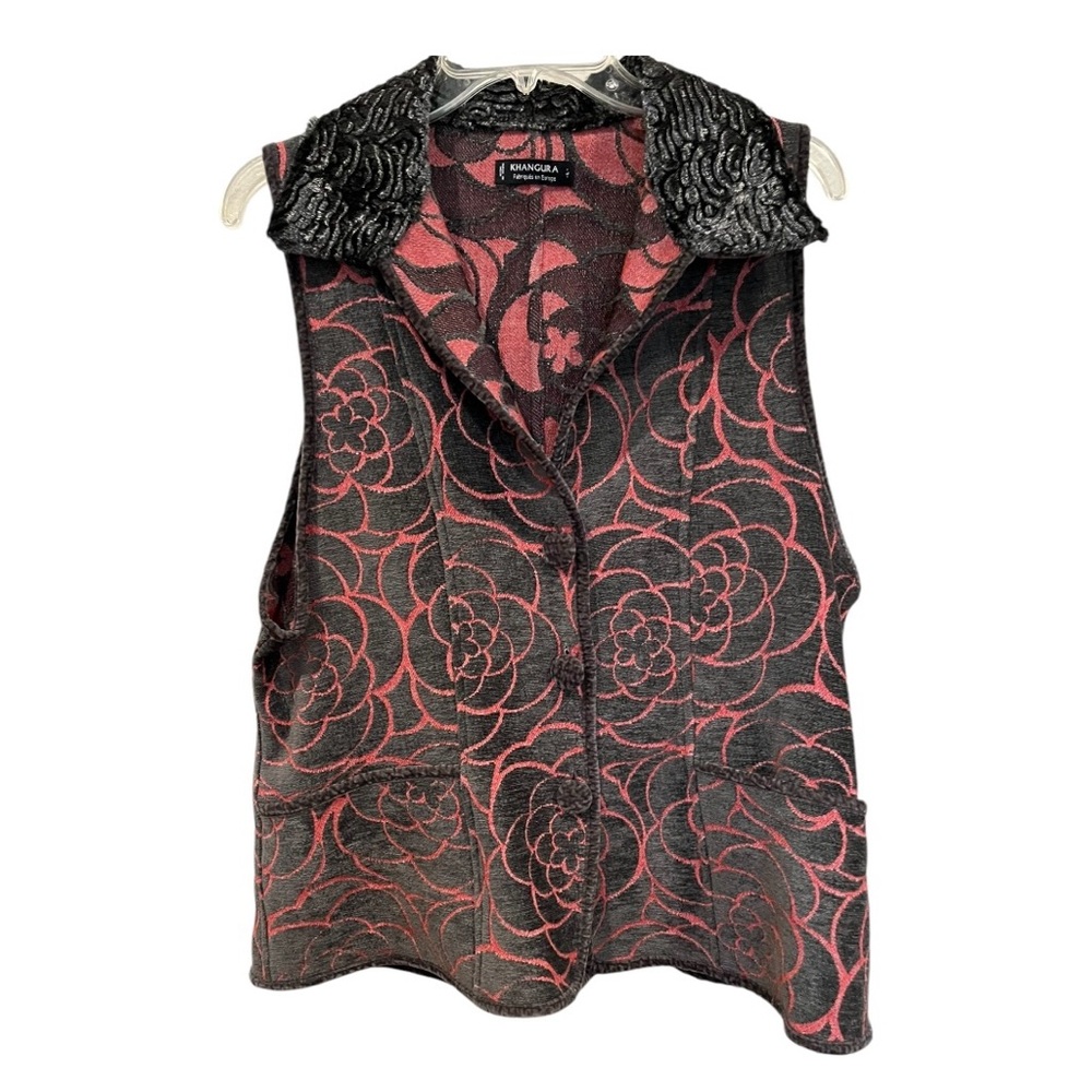 Khangura light red and black abstract floral velvet feel vest size large